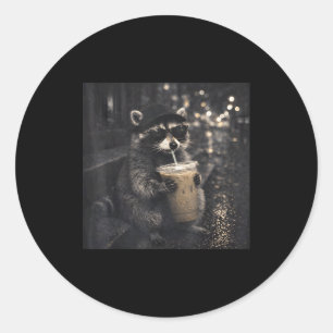 Raccoon Drinking Iced Coffee Funny Animal Meme Men Classic Round Sticker