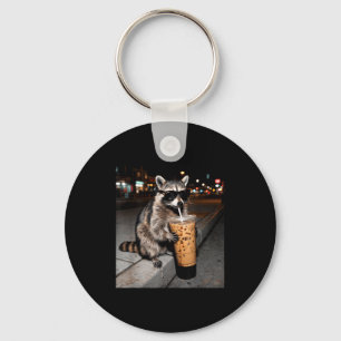 Raccoon drinking iced coffee funny animal meme men key ring