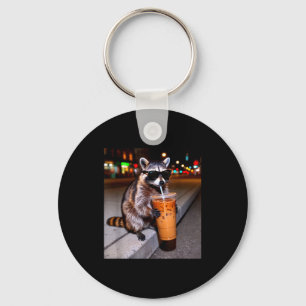 Raccoon drinking iced coffee funny animal meme men key ring