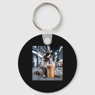Raccoon drinking iced coffee funny animal meme men key ring