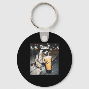 Raccoon drinking iced coffee funny animal meme men key ring