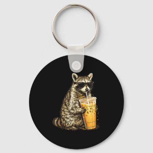 Raccoon drinking iced coffee funny animal meme men key ring
