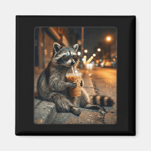 Raccoon drinking iced coffee funny animal meme men magnet