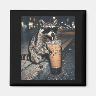 Raccoon drinking iced coffee funny animal meme men magnet