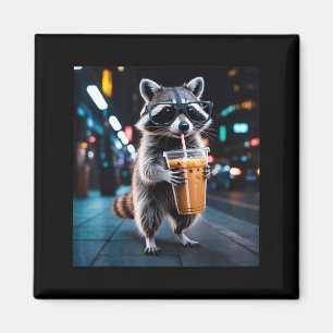 Raccoon drinking iced coffee funny animal meme men magnet