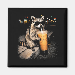 Raccoon drinking iced coffee funny animal meme men magnet
