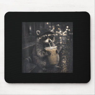 Raccoon Drinking Iced Coffee Funny Animal Meme Men Mouse Pad