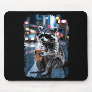 Raccoon drinking iced coffee funny animal meme men mouse pad