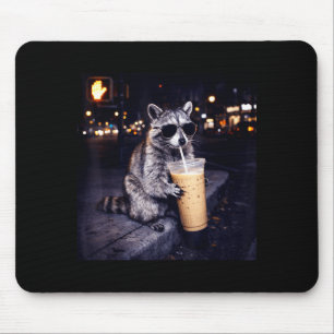 Raccoon drinking iced coffee funny animal meme men mouse pad