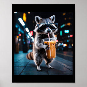 Raccoon drinking iced coffee funny animal meme men poster