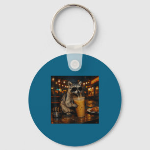 Raccoon Drinking Iced Coffee Funny Artwork Key Ring