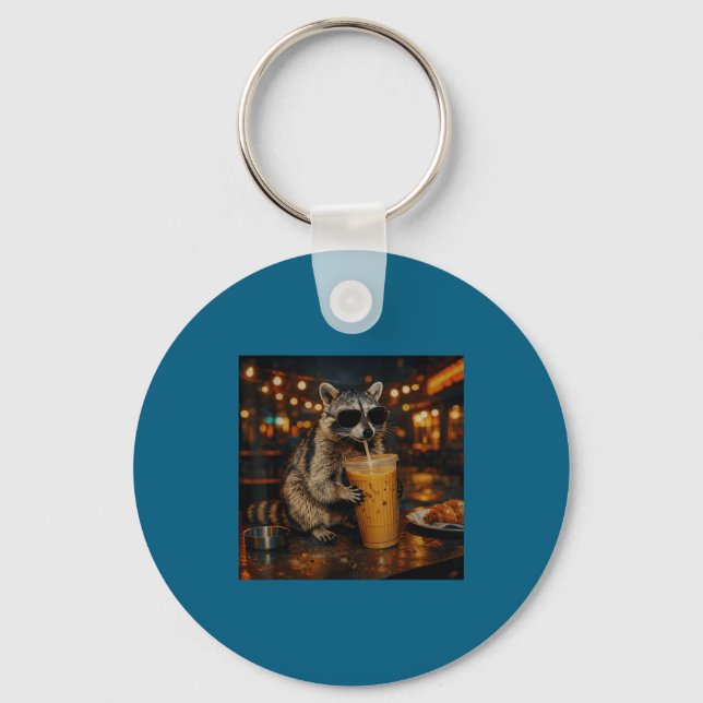 Raccoon Drinking Iced Coffee Funny Artwork Key Ring (Front)