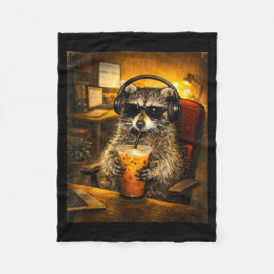 Raccoon drinking iced coffee funny caffeine lover fleece blanket