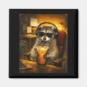 Raccoon drinking iced coffee funny caffeine lover magnet
