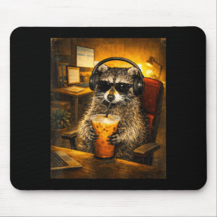 Raccoon drinking iced coffee funny caffeine lover mouse pad