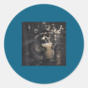 Raccoon Drinking Iced Coffee Funny Classic Round Sticker