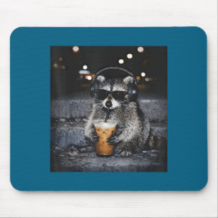 Raccoon Drinking Iced Coffee Funny Design Mouse Pad