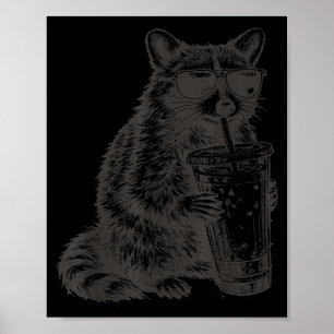 Raccoon drinking iced coffee funny for men, women, poster