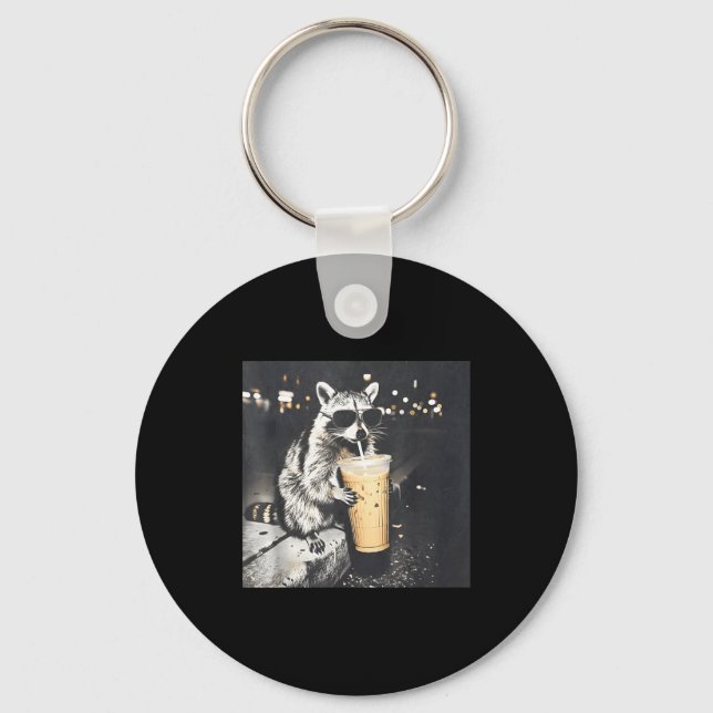 Raccoon drinking iced coffee funny meme ghraphic  key ring (Front)