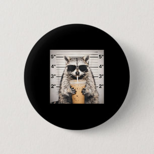 Raccoon drinking iced coffee funny mugshot animal 6 cm round badge