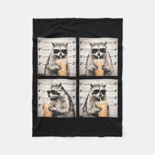 Raccoon drinking iced coffee funny mugshot animal fleece blanket