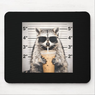 Raccoon drinking iced coffee funny mugshot animal mouse pad