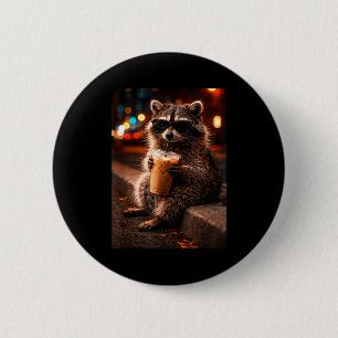 Raccoon drinking iced coffee funny trash panda 6 cm round badge