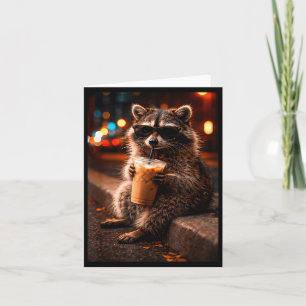 Raccoon drinking iced coffee funny trash panda card