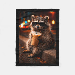 Raccoon drinking iced coffee funny trash panda fleece blanket