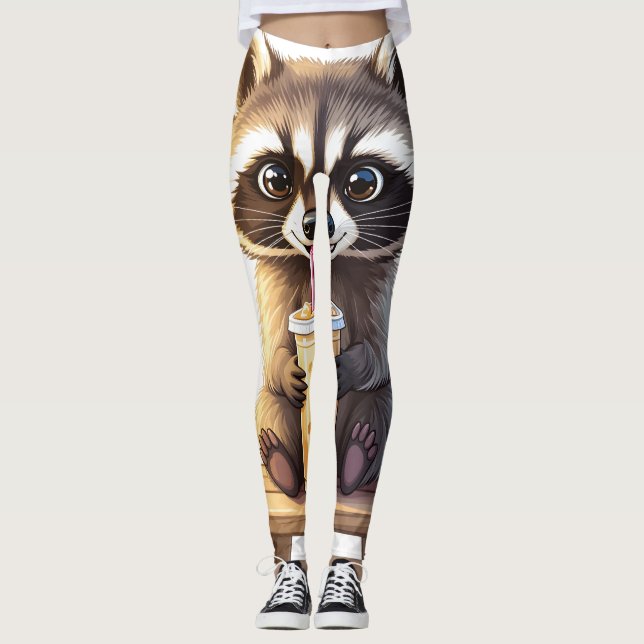 Raccoon Drinking Iced Coffee Leggings (Front)