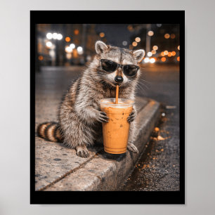 Raccoon drinking iced coffee meme funny animal for poster