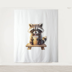 Raccoon Drinking Iced Coffee Tapestry
