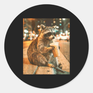 Raccoon drinking iced coffee vintage style look classic round sticker
