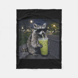 Raccoon drinking iced matcha latte funny animal fleece blanket