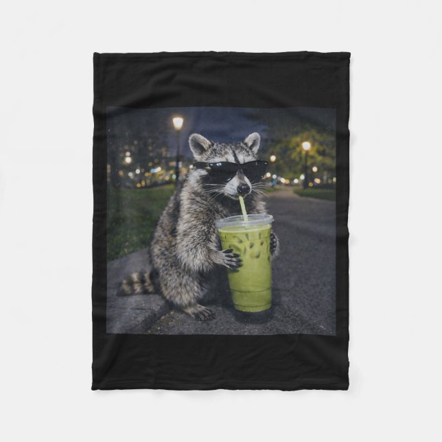 Raccoon drinking iced matcha latte funny animal fleece blanket (Front)