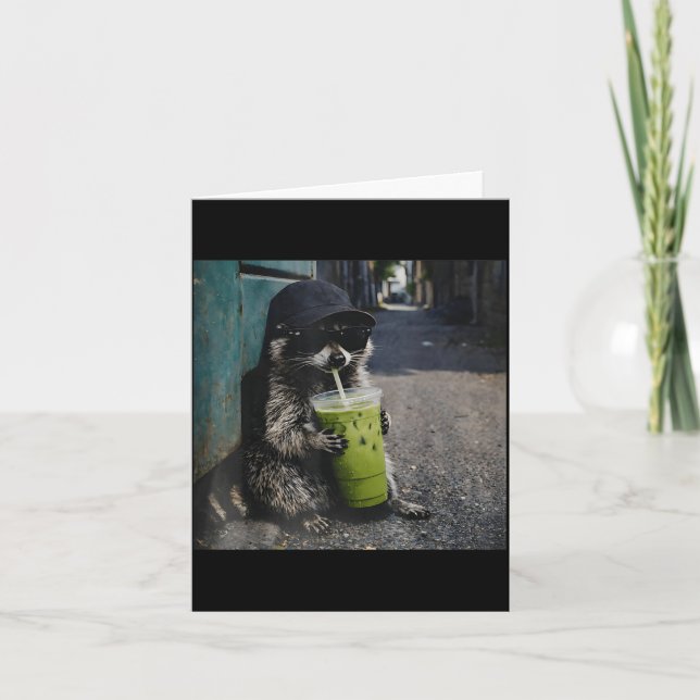 Raccoon drinking matcha latte funny animal meme me card (Front)