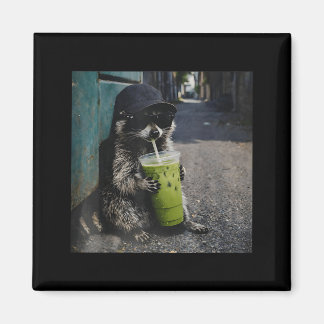 Raccoon drinking matcha latte funny animal meme me magnet