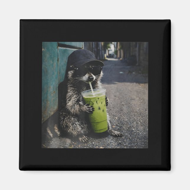 Raccoon drinking matcha latte funny animal meme me magnet (Front)