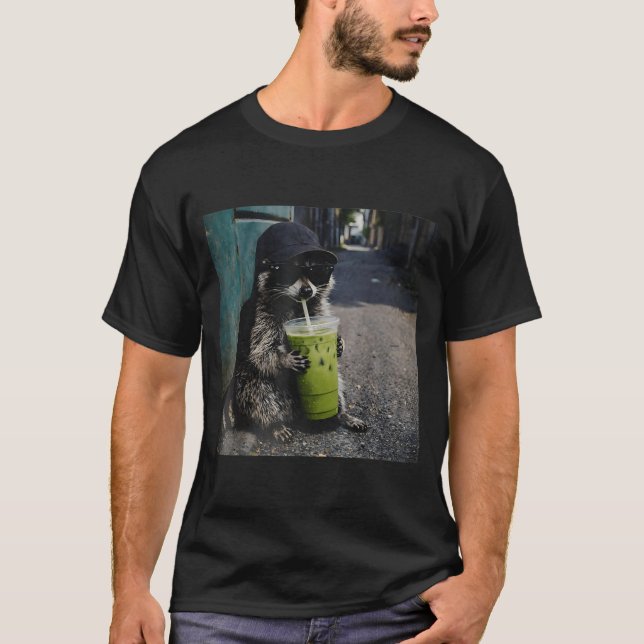 Raccoon drinking matcha latte funny animal meme me T-Shirt (Front)