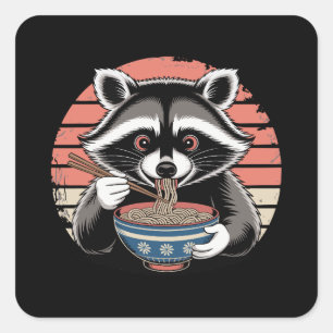 Raccoon Eating Ramen Japanese Vintage Style Square Sticker