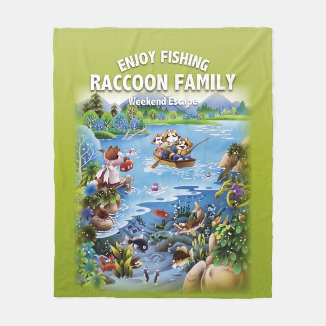 RACCOON FAMILY Enjoy Fishing Fleece Blanket (Front)