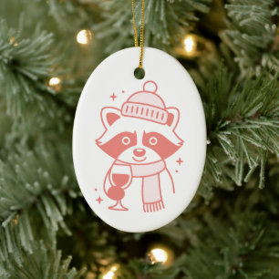 Raccoon funny wine girly pink Christmas aesthetic Ceramic Ornament