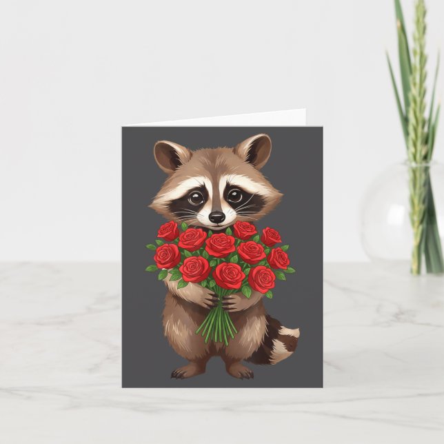 Raccoon Holding Red Rose Cute Raccoon Valentine An Card (Front)