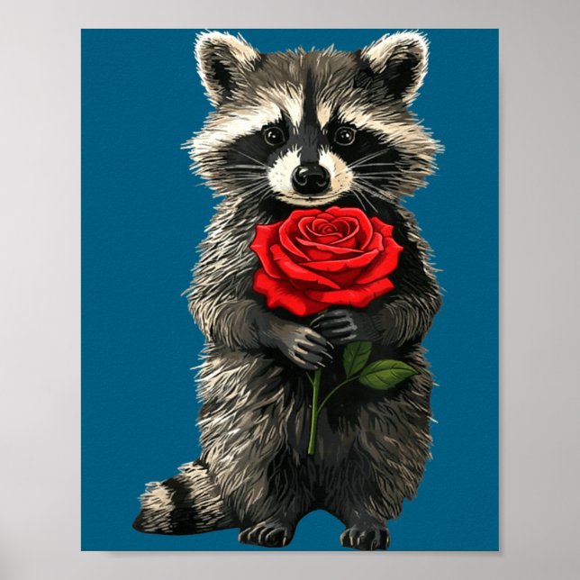 Raccoon Holding Red Rose Cute Raccoon Valentine An Poster (Front)