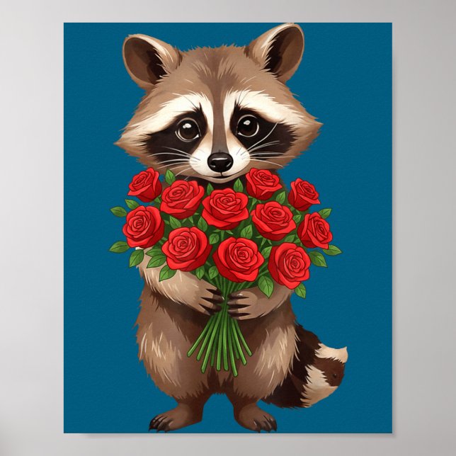 Raccoon Holding Red Rose Cute Raccoon Valentine An Poster (Front)
