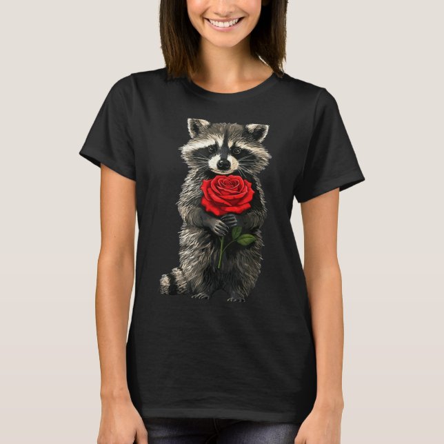 Raccoon Holding Red Rose Cute Raccoon Valentine An T-Shirt (Front)