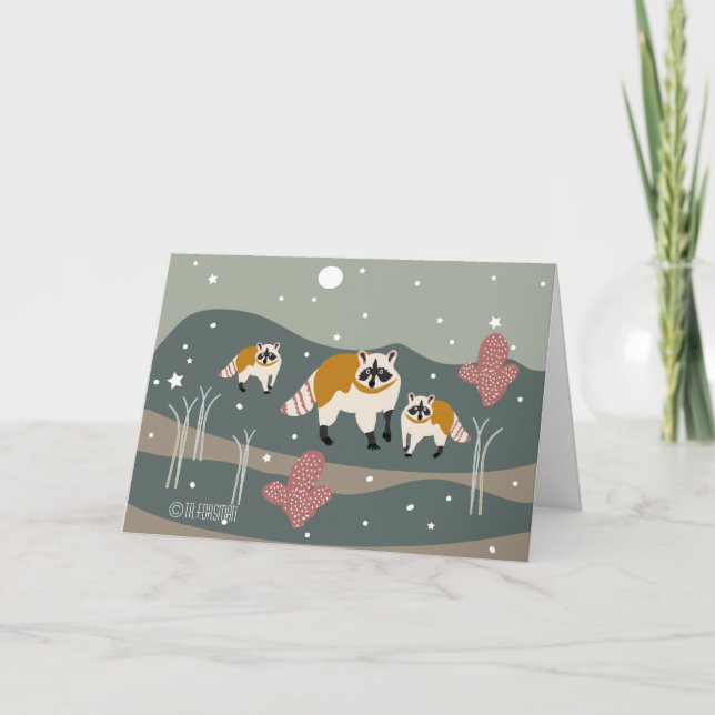 RACCOON Holiday. Racoon with baby in desert night Holiday Card (Front)