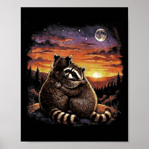 Raccoon hug sunset forest wildlife vintage 90s poster