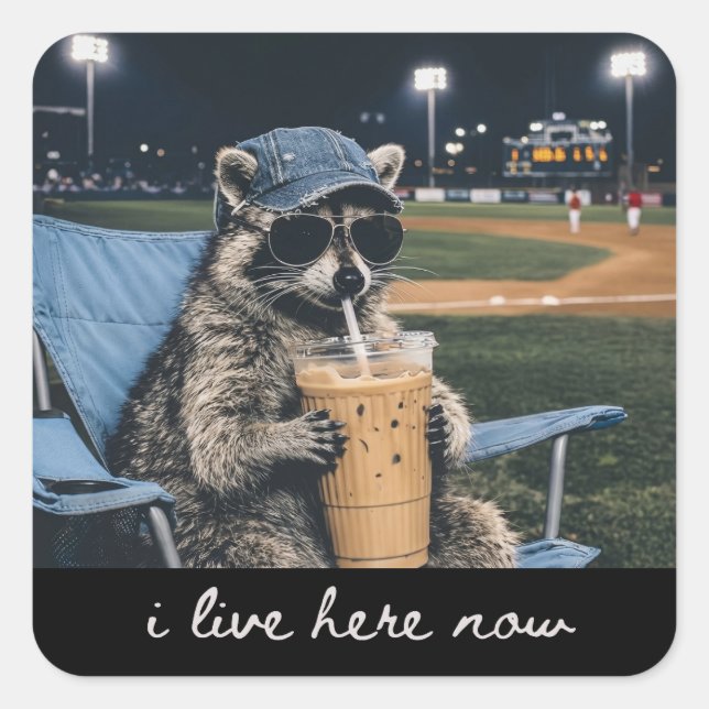 Raccoon I Live Here Now Shirt Raccoon Drinking Ice Square Sticker (Front)