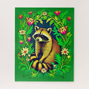 Raccoon in the Middle of Wildflower Garden Jigsaw Puzzle